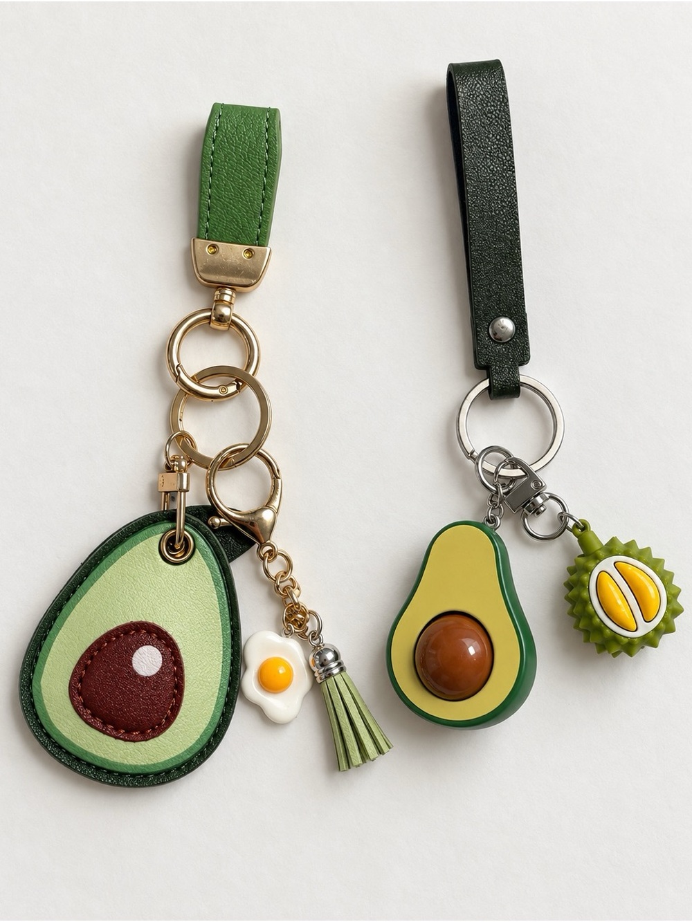 Set of 2 Avocado Bag Charm Keychains | Faux Leather & 3D Fidget Spinner Toy
